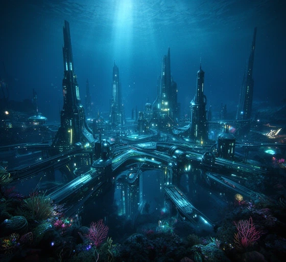 Underwater metropolis with glowing structures